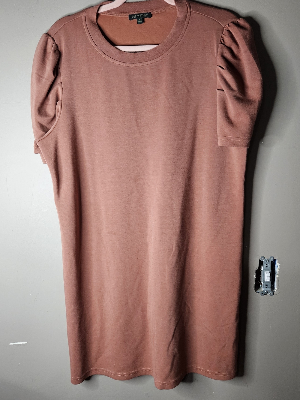 0For Cynthia Dusty Rose Puff-Sleeve Dress Size L ptp 21" Length 35.5"